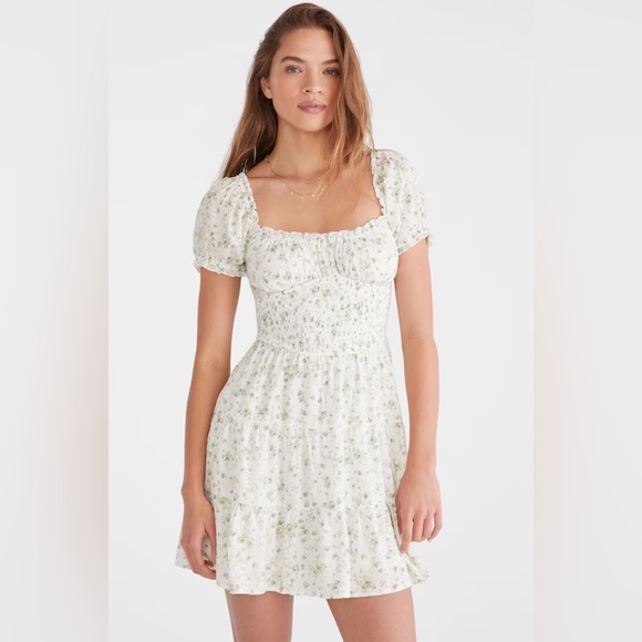 Aeropostale Dresses & Skirts - Aeropostale White & Green Floral Smocked Mini Dress | Puff Sleeve Cottagecore